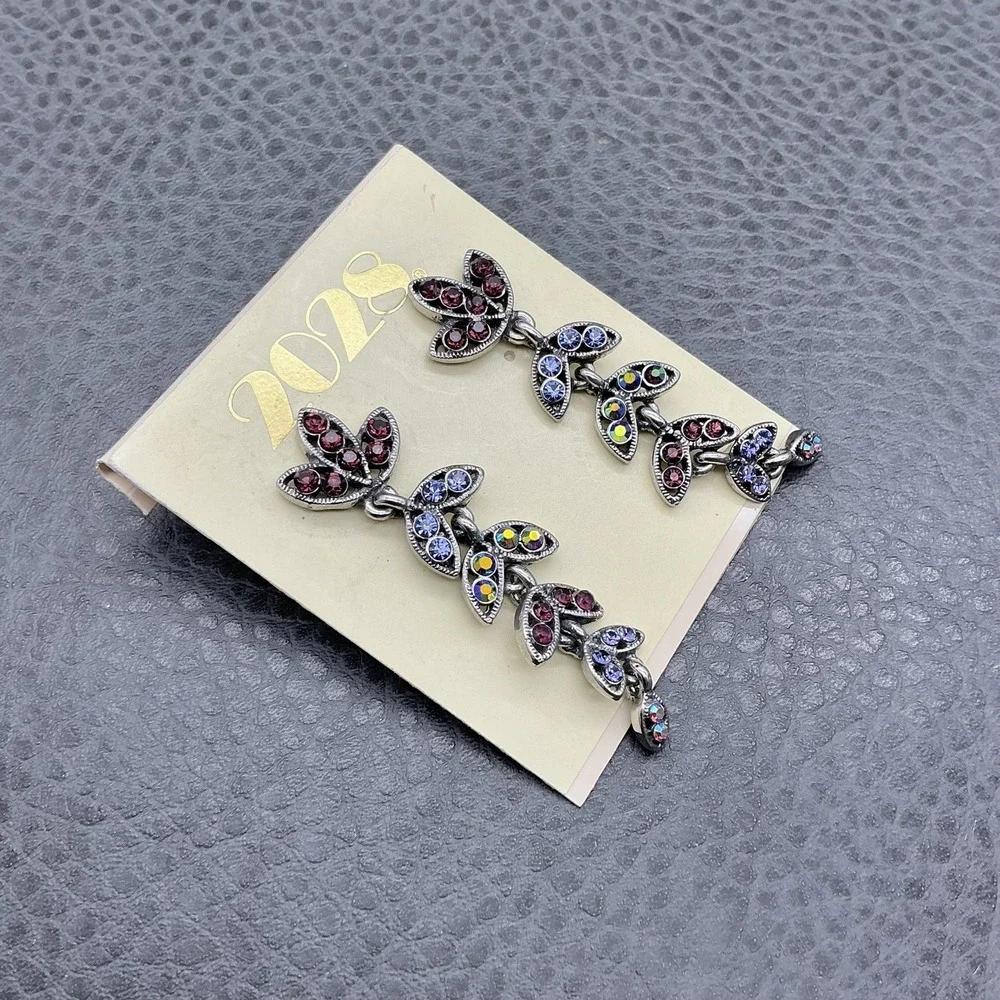 2028 Leaf‎ Vine Dangle Earrings Silver Tone Multicolor Rhinestone Womens 2 Inch